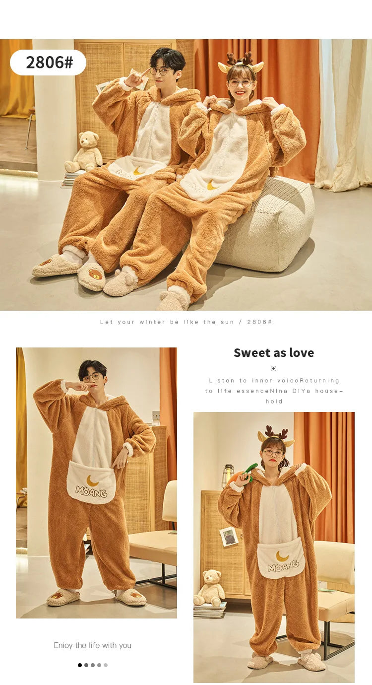 Winter Animal Onesies for Adults Homewear Flannel Sleepwear Couples Jumpsuit Winter Coral Velvet Pajamas Women Mens Loungewear