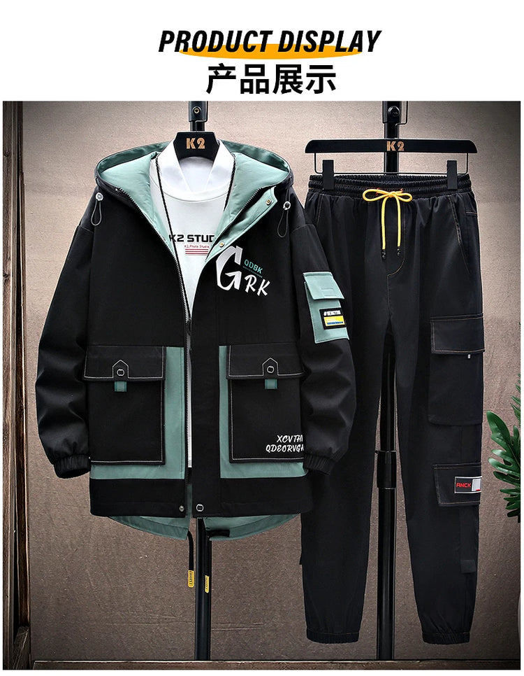 Spring Casual Men Sets Two Pieces Fashion Korean Trend Hooded Jacket + Pants Autumn Baseball Uniform Suit Man Outfit