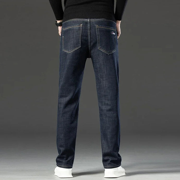 2026 Winter Thermal Stretch Jeans Men New Loose Straight Leg Casual Trousers Male Daily Commute Windproof Denim Pants