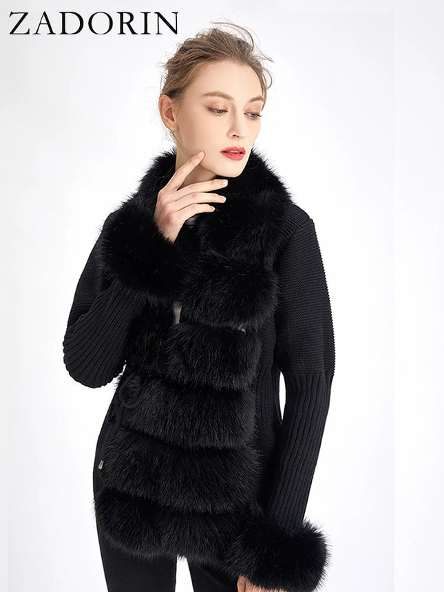 ZADORIN Autumn Winter Women Faux Fur Coat Luxury Knitted Sweater Fur Cardigan Detachable Collar White Pink Jacket Faux Fur Coats