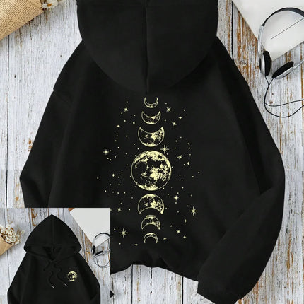 New with Different Moon Prints Front and Back Printed kangaroo pocket Hoodies Casual and Fashionable Women's Clothing