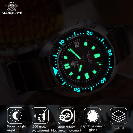 ADDIESDIVE Men's Watch Sapphire Glass Stainless Steel NH35 Automatic Mechanical Watch BGW9 Luminous 200m Waterproof Dive Watch