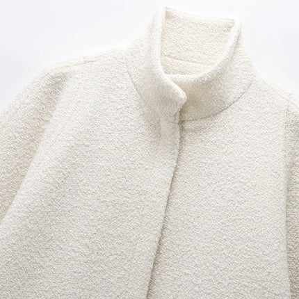 HH Women's 2025 New Solid Wool Blended Stand Collar Concealed Button Cape Jacket Female Fashion Versatile Temperament Jacket