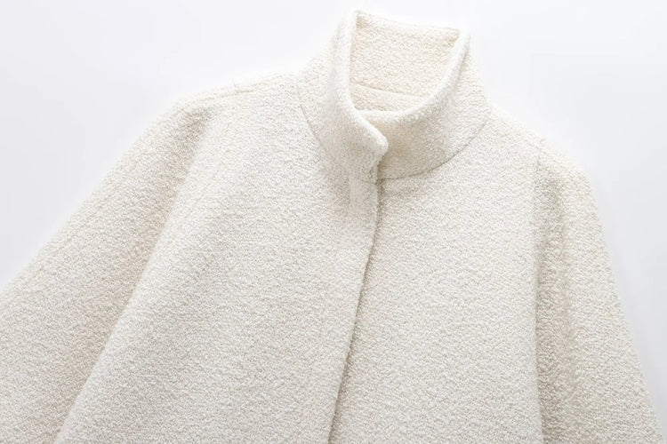 HH Women's 2025 New Solid Wool Blended Stand Collar Concealed Button Cape Jacket Female Fashion Versatile Temperament Jacket