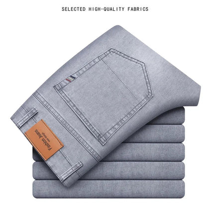 Summer Thin Men's Elastic Cotton Jeans Fashion Gray Comfortable Business Straight Casual Pants Brand Male Clothes Trousers PlatiNum