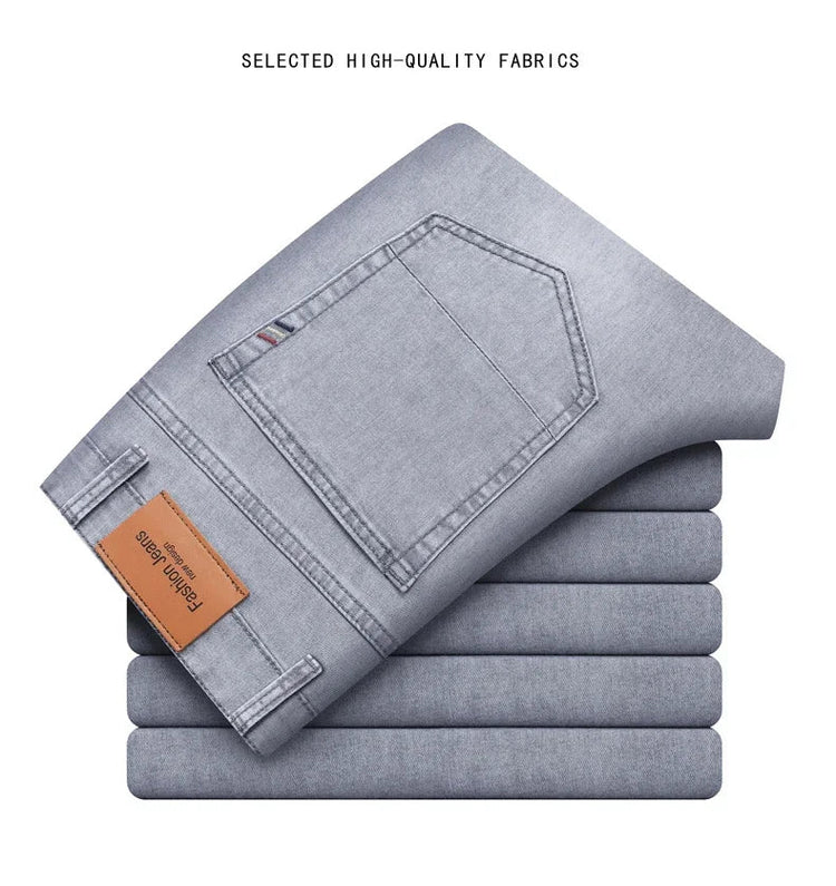 Summer Thin Men's Elastic Cotton Jeans Fashion Gray Comfortable Business Straight Casual Pants Brand Male Clothes Trousers PlatiNum