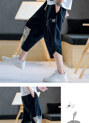 Pantaloni Kimono giapponesi da uomo in cotone traspirante Samurai Abbigliamento Pantaloni da uomo Stampa allentata Pantaloncini Harem retrò Pantaloni Hip Hop Harajuku