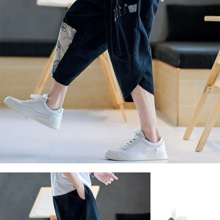 Pantaloni Kimono giapponesi da uomo in cotone traspirante Samurai Abbigliamento Pantaloni da uomo Stampa allentata Pantaloncini Harem retrò Pantaloni Hip Hop Harajuku