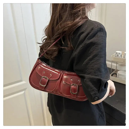 Fashion Pu Leather Women's Shoulder Bag Small Double Pocket Design Ladies Underarm Bags Y2k Vintage Female Handbags Clutch Purse PlatiNum