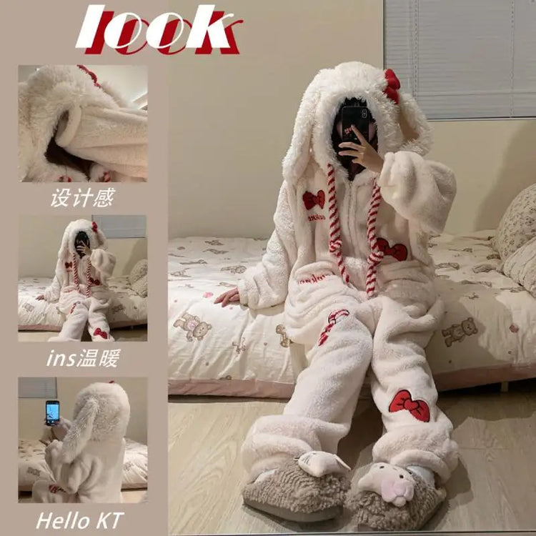 Kawaii Rabbit Bow One Piece Pajamas Women's Coral Velvet Hooded Sleepwear Thicken Winter Warm Sweet Cute Homewear Holiday Gift