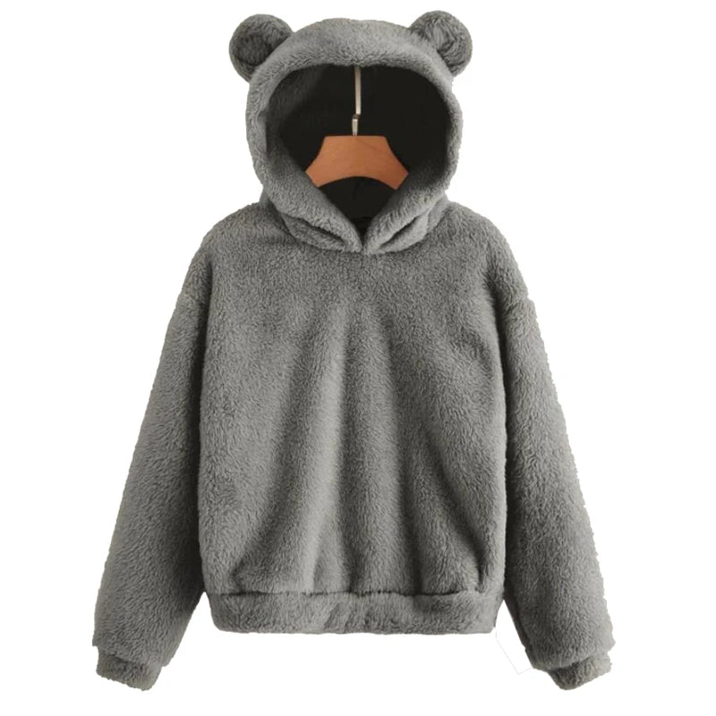 Winter Korean Fashion Bear Ears Cute Loose Hoodie Fluffy Hooded Warm Sweatshirt Long Sleeve Top Solid Pullover Clothes For Women