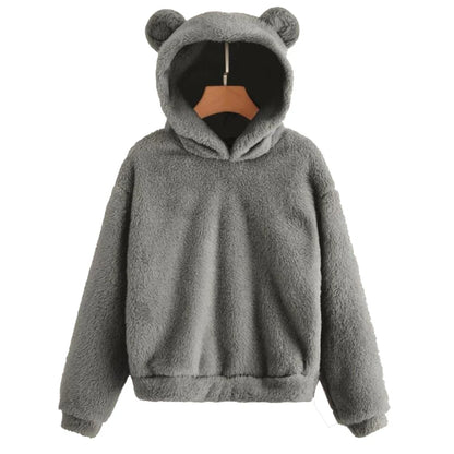 Winter Korean Fashion Bear Ears Cute Loose Hoodie Fluffy Hooded Warm Sweatshirt Long Sleeve Top Solid Pullover Clothes For Women