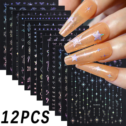 12Pcs 3D Laser Silver Star Ribbon Nail Stickers Y2K Stars Moon Sun Self-Adhesive Slider Exquisite Flower Leaf DIY Manicure Decal