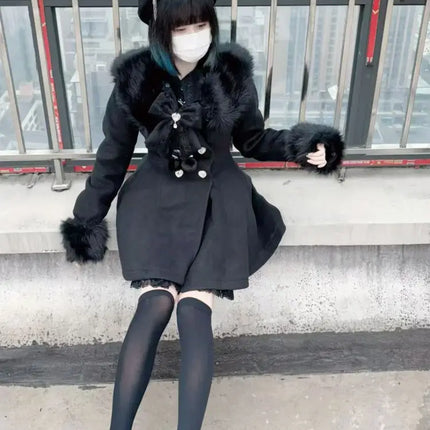 Japanese Autumn Winter Elegant Kawaii Coat Women Faux Fur Collar Long Sleeve Tops Casual Lolita Bow Button Warm Sweet Jacket