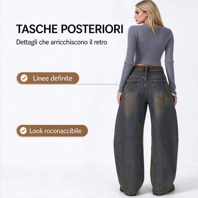 Women’s High-Waisted Wide-Leg Curved Jeans, Rust-Brown Vintage-Wash Denim with Vertical Stitching and Front Pockets, Casual Retro-Style Trousers for Everyday Wear  YW-1855