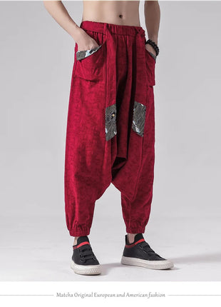 Pantaloni a gamba larga da uomo in cotone e lino casual oversize Harajuku pantaloni alla moda da uomo samurai giapponese retrò Ukiyo-e stampa pantaloni con cintura da uomo
