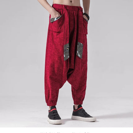 Pantaloni a gamba larga da uomo in cotone e lino casual oversize Harajuku pantaloni alla moda da uomo samurai giapponese retrò Ukiyo-e stampa pantaloni con cintura da uomo