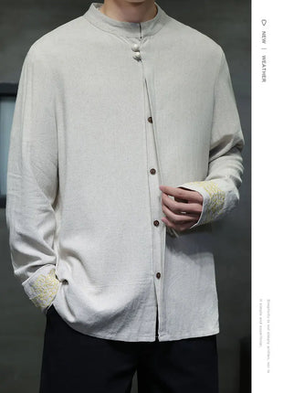 Camicie da Uomo di Alta Qualità con Ricami in Stile Cinese, Colletto Rialzato Retrò, in Lino Comodo e Traspirante, Camicie Casual da Uomo