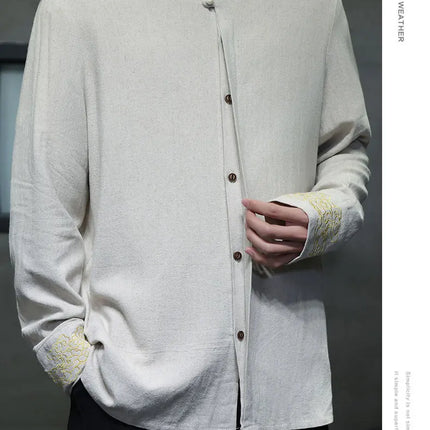 Camicie da Uomo di Alta Qualità con Ricami in Stile Cinese, Colletto Rialzato Retrò, in Lino Comodo e Traspirante, Camicie Casual da Uomo