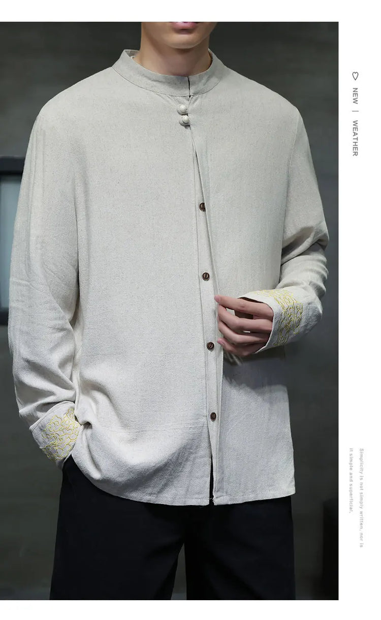 Camicie da Uomo di Alta Qualità con Ricami in Stile Cinese, Colletto Rialzato Retrò, in Lino Comodo e Traspirante, Camicie Casual da Uomo