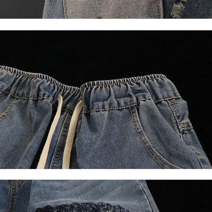 Primavera nuova corea moda Patch disegni cartone animato ricamo Jeans larghi da donna vita elastica pantaloni Casual in Denim di cotone Harem V987