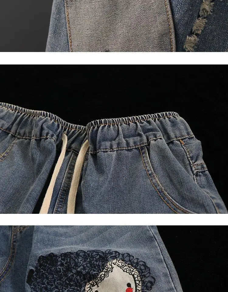 Primavera nuova corea moda Patch disegni cartone animato ricamo Jeans larghi da donna vita elastica pantaloni Casual in Denim di cotone Harem V987