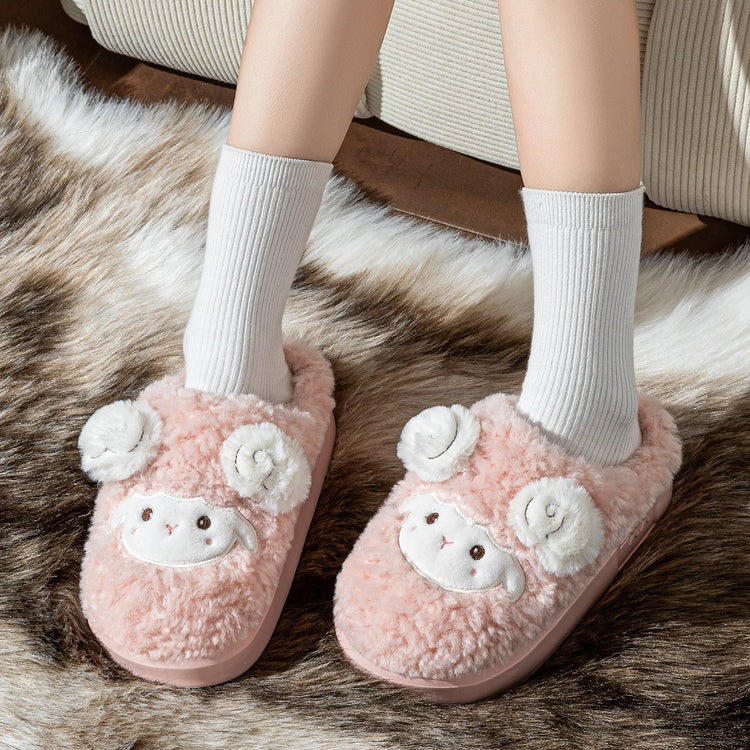 Cute Little Sheep Plush Slippers Women Winter Warm Thick Soft Sole House Shoes Indoor Fuzzy Non-Slip Comfortable Home Slides