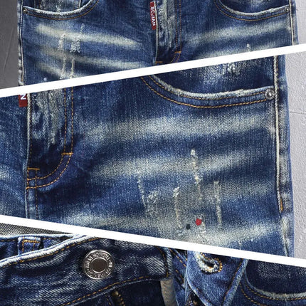 Street Designer Fashion Men Jeans Retro Blue Stretch Slim Fit Spliced Ripped Jeans Men Y2K Painted Vintage Denim Pants Hombre PlatiNum