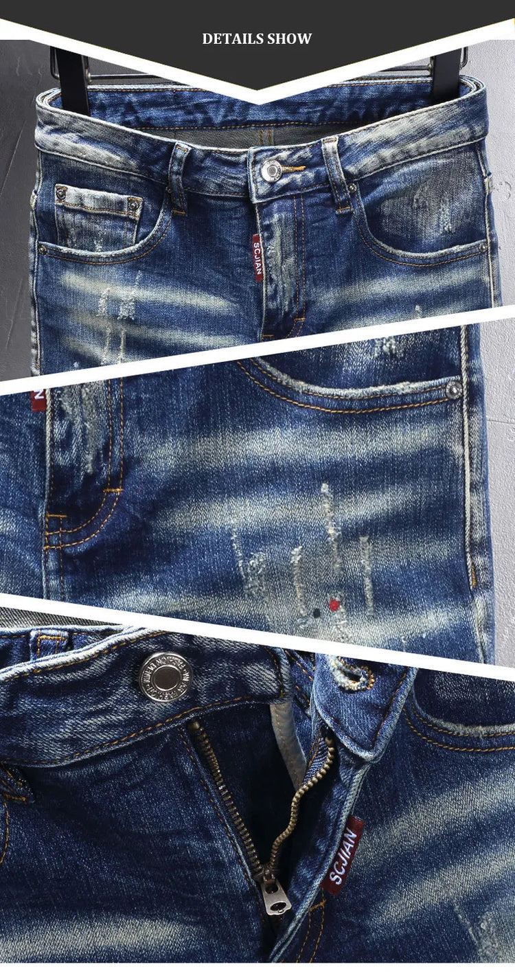Street Designer Fashion Men Jeans Retro Blue Stretch Slim Fit Spliced Ripped Jeans Men Y2K Painted Vintage Denim Pants Hombre PlatiNum