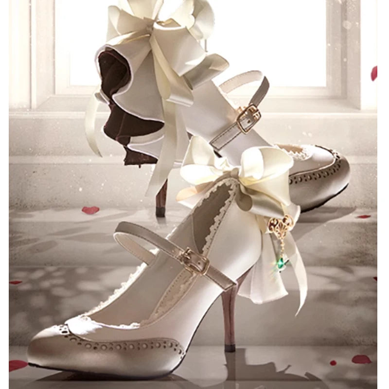 Denim & Leather Ankle Strap Big Red Bow Lace Stilettos Pumps Woman Spring and Autumn 2026 Sweet Lolita Women High Heels Shoes