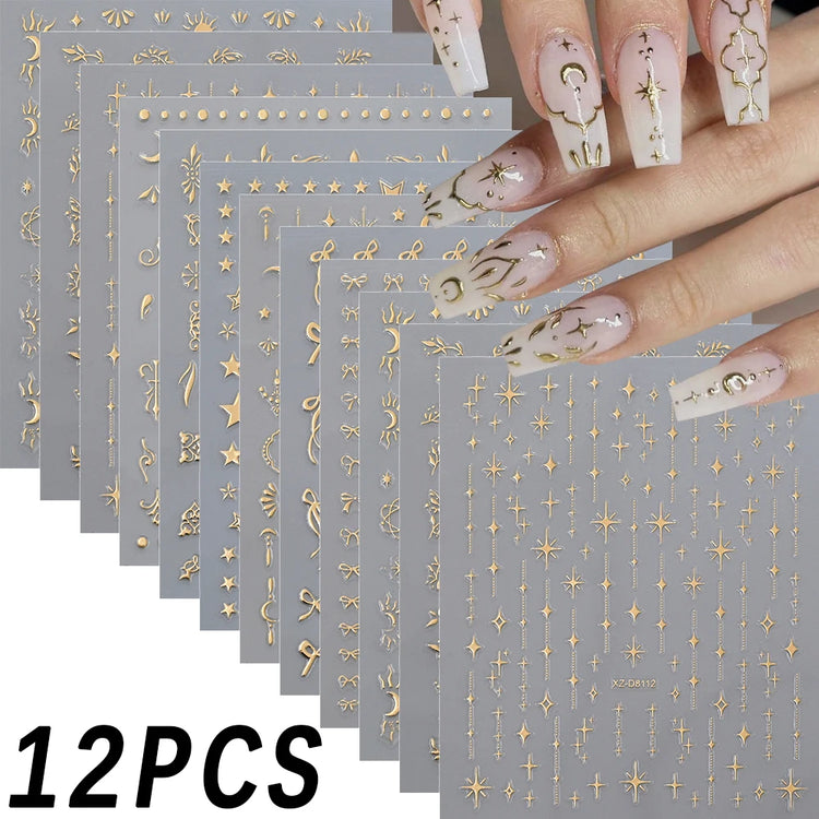 12Pcs 3D Laser Silver Star Ribbon Nail Stickers Y2K Stars Moon Sun Self-Adhesive Slider Exquisite Flower Leaf DIY Manicure Decal