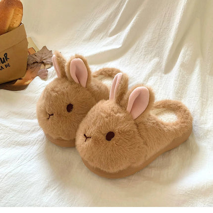 New Cute 3D Rabbit Furry Slippers Women Winter Warm Plush Closed Back House Shoes Non Slip Bunny Indoor Flip Flops Home Slipper