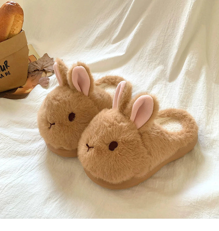 New Cute 3D Rabbit Furry Slippers Women Winter Warm Plush Closed Back House Shoes Non Slip Bunny Indoor Flip Flops Home Slipper