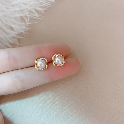 Gioielli in oro 14k di lusso Orecchini in oro reale Zircone Perla Twist Orecchini a bottone di lusso per le donne Brincos Pendientes Bijoux platinumshop