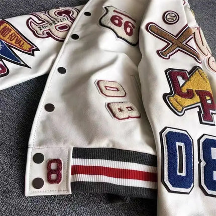Men's Spring Autumn baseball uniform Retro Trend Men Leather Jacket heavy industry Embroidery white short Coat ins hot sale