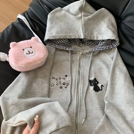 Zipper Hoodie Gothic Cartoon Kawaii Cat Ear Y2k Jacket Zip Up Thin Coat Spring Autumn Cute Core 2000s Clothes Fall Sweatshirts