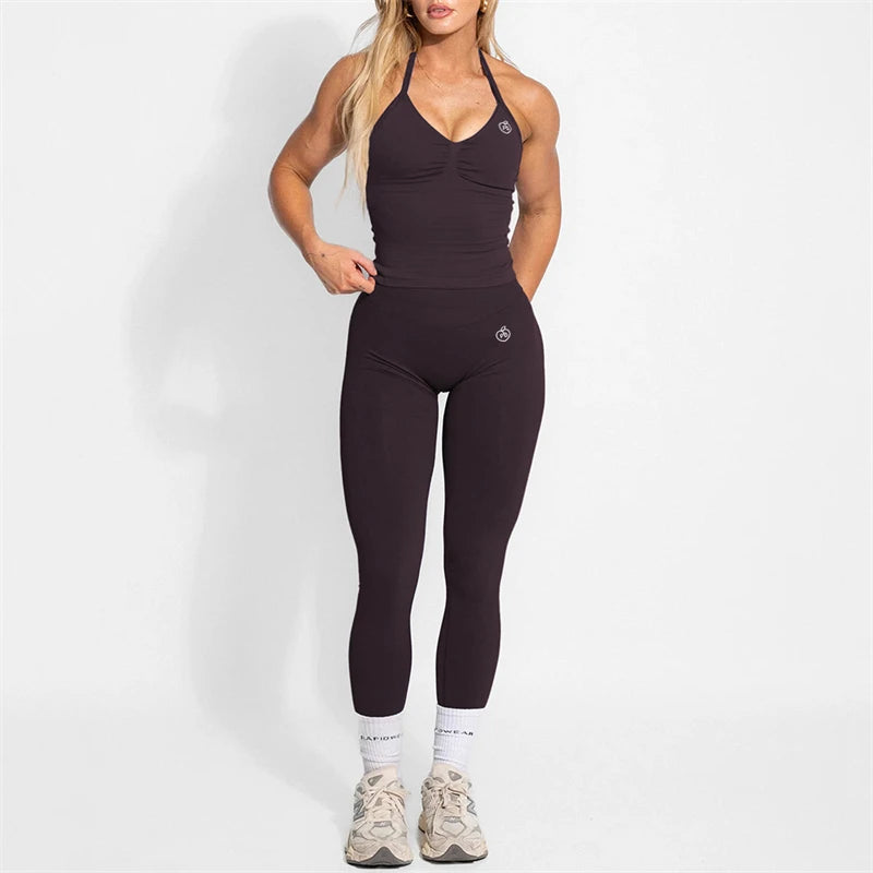 Women's Yoga Set Bum Balance Fitted Halter Tops & Shaping Pants 2pcs Yoga Sportwear Workout Gym Clothing High Waist Leggings Set