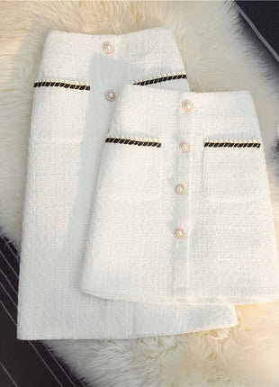 Women's Mid-Length/Short White Black Tweed High-Waist Woolen A-Line Autumn Winter Fragrant Silk Skirt PlatiNum