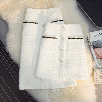 Women's Mid-Length/Short White Black Tweed High-Waist Woolen A-Line Autumn Winter Fragrant Silk Skirt PlatiNum