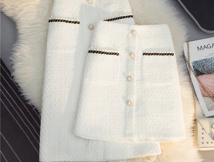 Women's Mid-Length/Short White Black Tweed High-Waist Woolen A-Line Autumn Winter Fragrant Silk Skirt PlatiNum