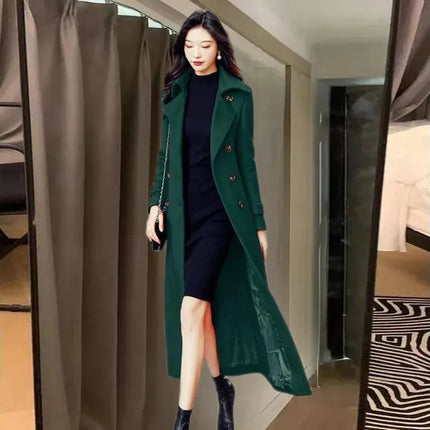 New Women's Spring Autumn Winter Woolen Coat Slim  Long Over The Knee Lining Woolen Windbreaker Outerwear Match Belt Female