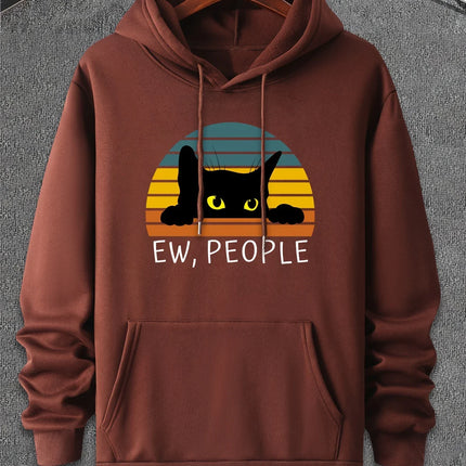 Cat ew people print casual fashion college style hooded sweatshirt with autumn and winter velvet suitable for men and women