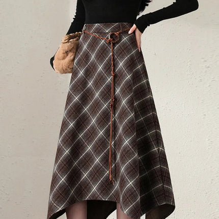 Women Faux Woolen Plaid Long Skirts Korean Vintage Belt Loose High Waist A Line Skirt Casual Fall Winter Irregular Retro Skirts PlatiNum