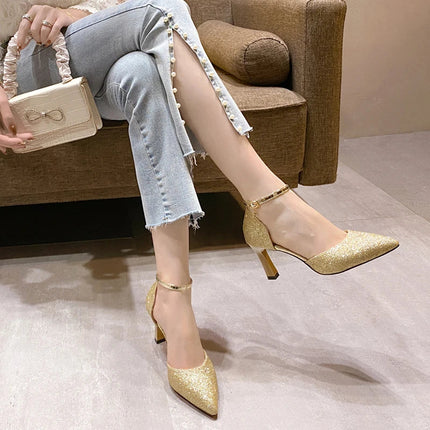 Bling Gold Silver Women Pumps 2023 Sexy Point Toe Thin Heel Party Wedding Shoes Womens Summer Ankle Strap 8cm High Heels Shoes PlatiNum