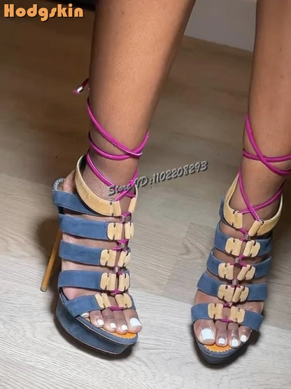 Retro Patchwork Roman Sandals Round Toe Frosted Cross-tied Hollow High Heels 2026 Summer Women Fashion Lace-up Stiletto Shoes