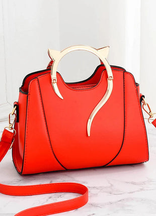 Cat Shaped Handle Women Handbag Trendy And Fashionable, Solid Color, Simple And Casual Crossbody Shoulder Shell Bag PlatiNum
