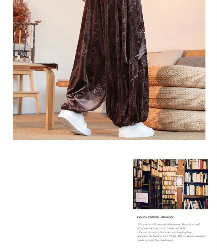Pantaloni di velluto da uomo autunno inverno retrò drago stampa pantaloni larghi da uomo stile cinese pantaloni casual a gamba larga per uomo taglie forti 5XL