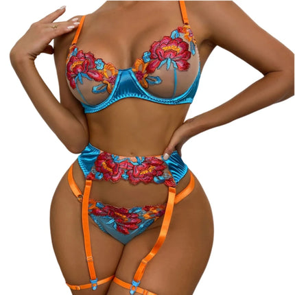 Luxury Embroidery Lingerie Three Piece Sets Sexy Mesh Patchwork See Through Bras And Panties Garter Erotic Intimate Outfits