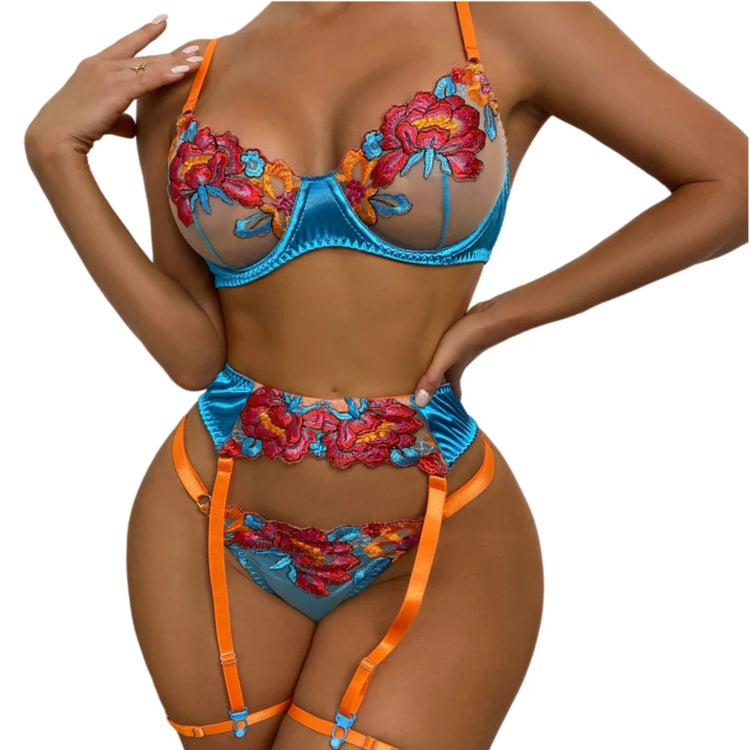 Luxury Embroidery Lingerie Three Piece Sets Sexy Mesh Patchwork See Through Bras And Panties Garter Erotic Intimate Outfits