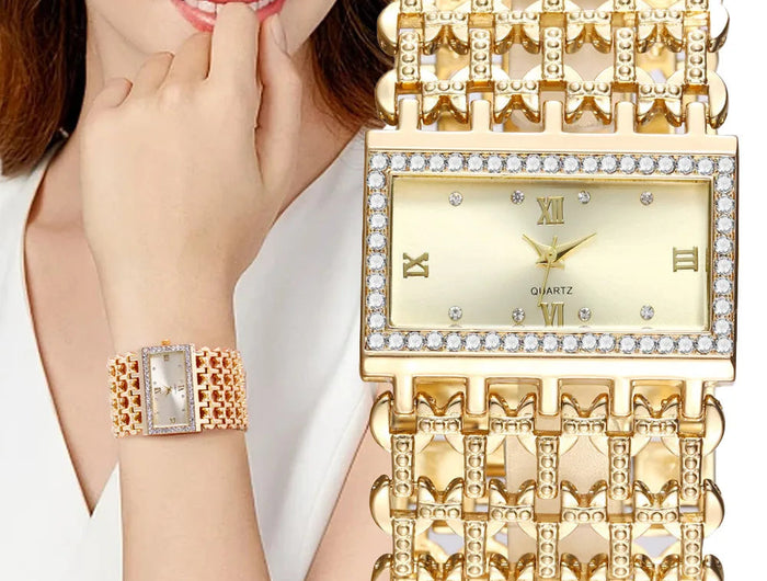 Orologio al quarzo da donna in oro nobile di lusso, orologio da donna con cinturino scheletrato, orologio completo platinumshop